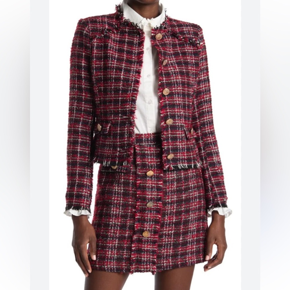 Water Baker Isla Red Tweed Plaid Crop Blazer Gold Button size S